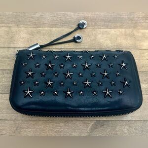 Jimmy Choo Black Leather FILIPA Zippy Zip Around Wallet with Silver Stud Stars